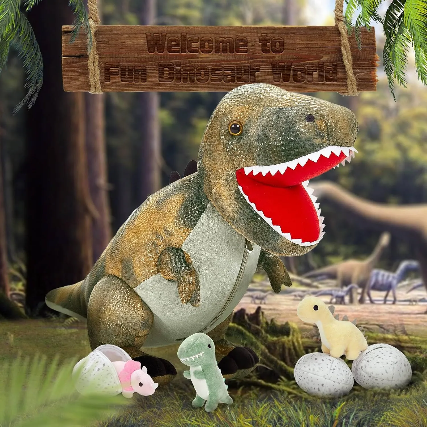 MorisMos Dinosaur Stuffed Animals Set,23.6'' Big Stuffed Dinosaur Mommy   3 Baby Dino Toys 3 Plush Dino Eggs, Boy Girl T-Rex Toys for Kid Birthday Gift,Realistic T-rex, CPC Certified,Machine Washable
