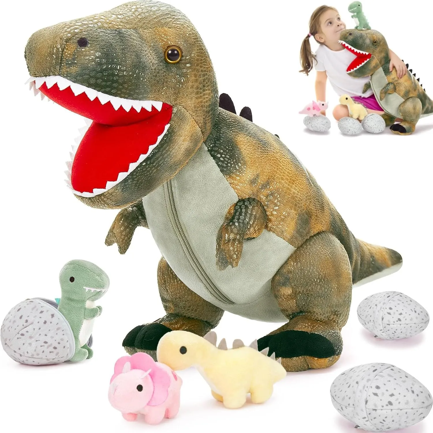 MorisMos Dinosaur Stuffed Animals Set,23.6'' Big Stuffed Dinosaur Mommy   3 Baby Dino Toys 3 Plush Dino Eggs, Boy Girl T-Rex Toys for Kid Birthday Gift,Realistic T-rex, CPC Certified,Machine Washable