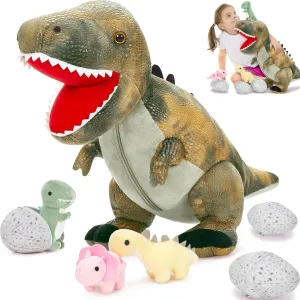 MorisMos Dinosaur Stuffed Animals Set,23.6'' Big Stuffed Dinosaur Mommy   3 Baby Dino Toys 3 Plush Dino Eggs, Boy Girl T-Rex Toys for Kid Birthday Gift,Realistic T-rex, CPC Certified,Machine Washable