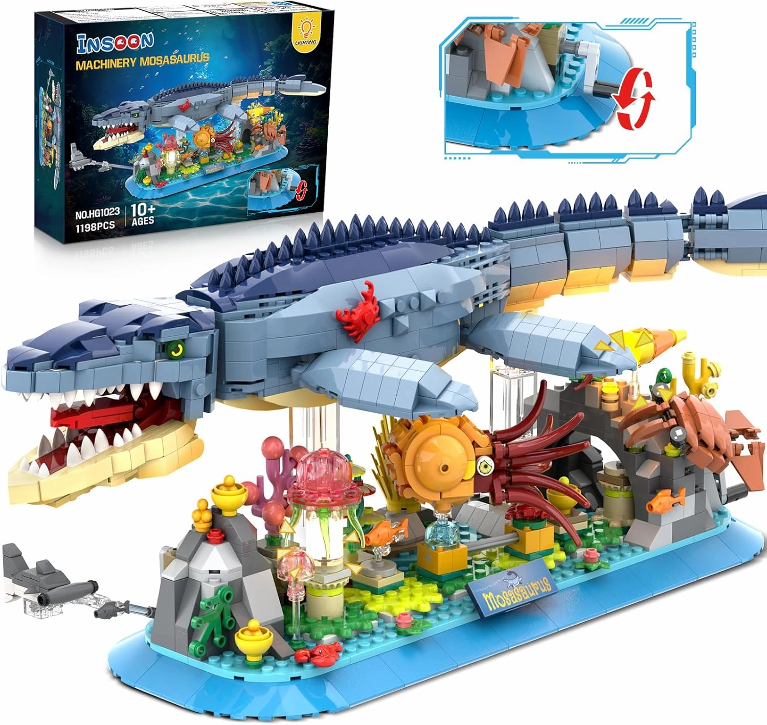 Mosasaurus Building Set with LED Light, 1219 PCS Movable Ocean Animal Building Block Toy with Nautiluses Jellyfish Squid Coral Reef, Ancient Reptile Home Decor Gift for Adults Teens Boys 12 