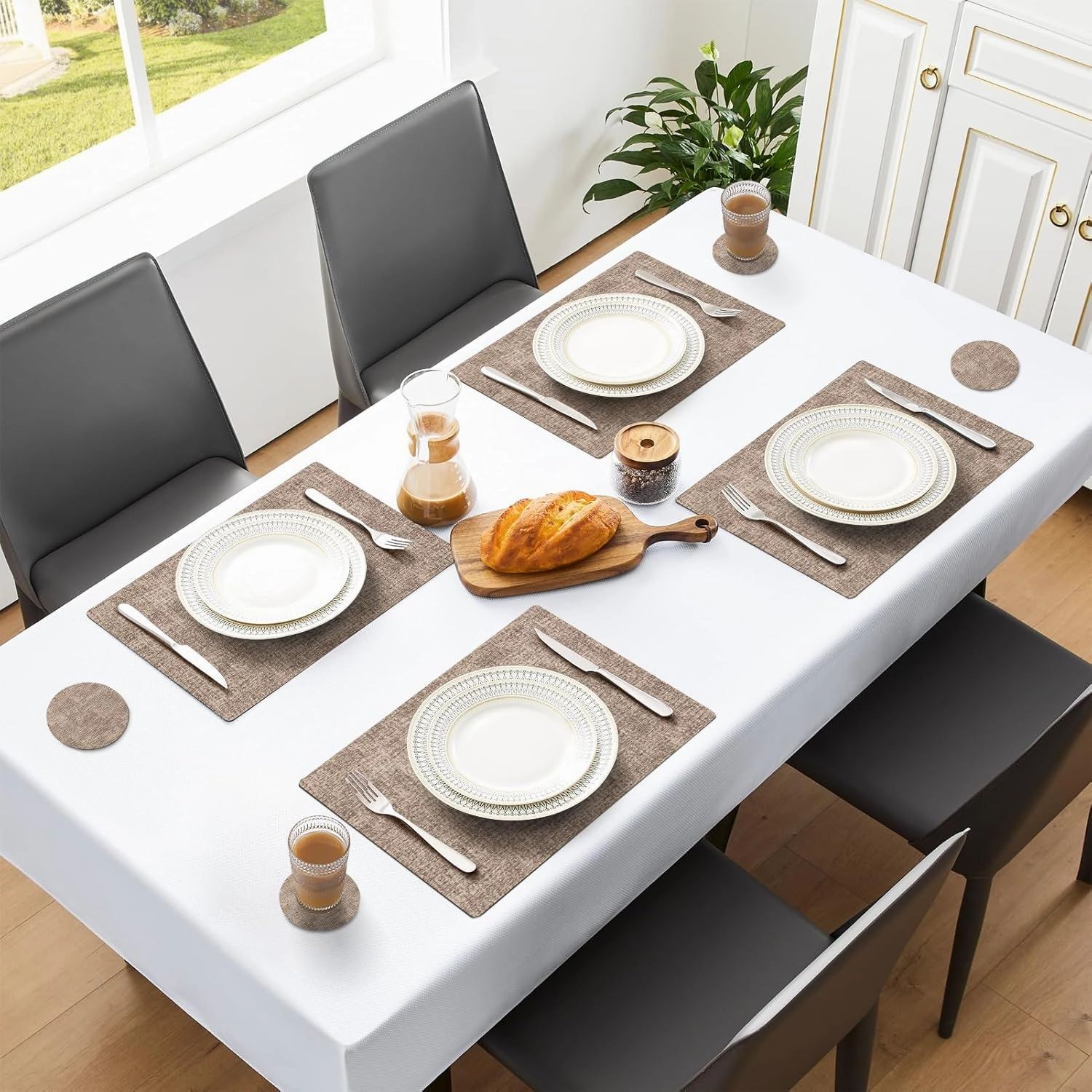 MOSAYT Faux Leather Placemats Set of 6, Heat Resistant Wipeable Washable Vinyl Place Mats with Coasters, Waterproof Oil Proof Table Mats for Kitchen Dining Party Indoor Outdoor, 12" x 18", Khaki