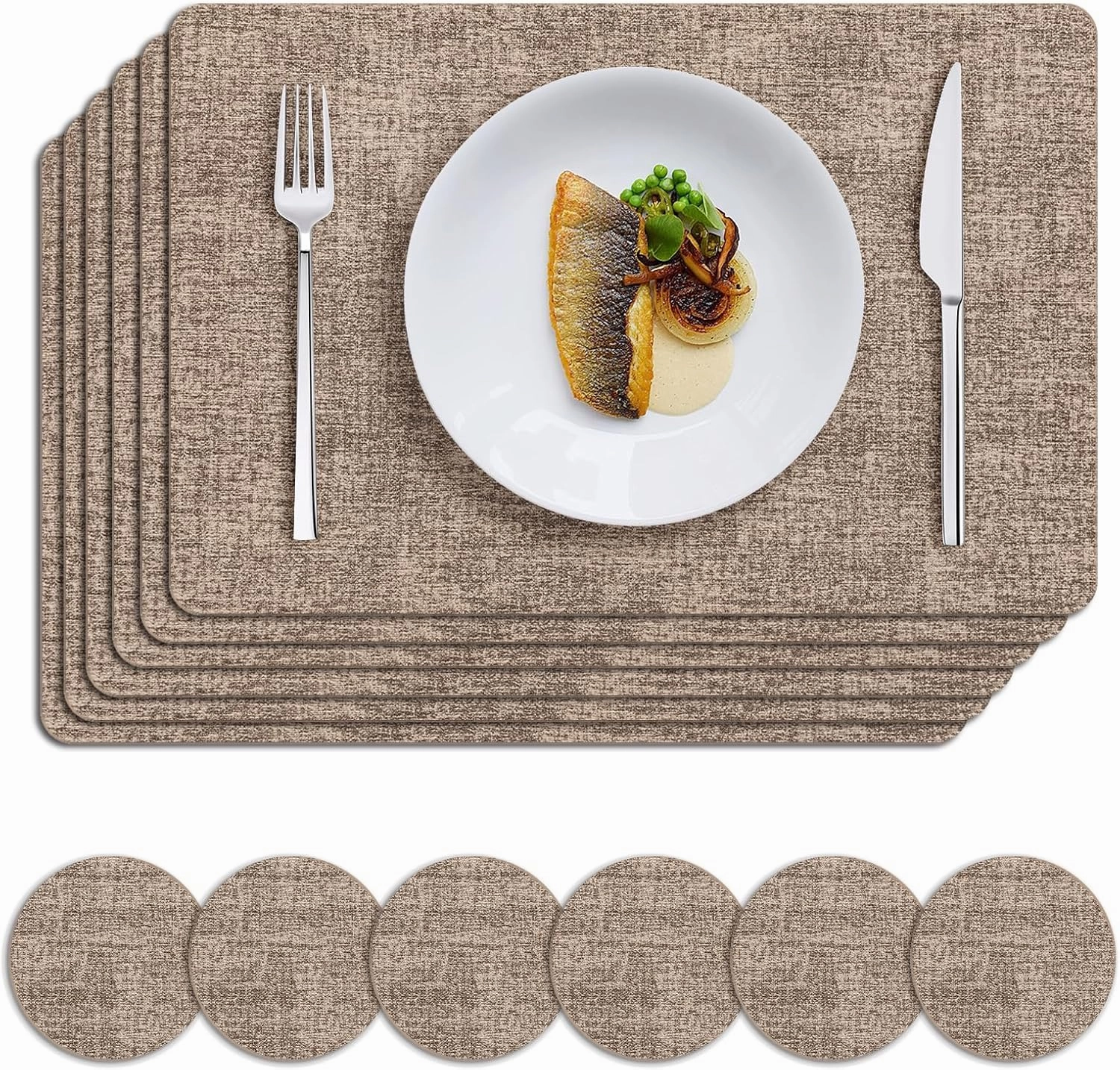 MOSAYT Faux Leather Placemats Set of 6, Heat Resistant Wipeable Washable Vinyl Place Mats with Coasters, Waterproof Oil Proof Table Mats for Kitchen Dining Party Indoor Outdoor, 12" x 18", Khaki