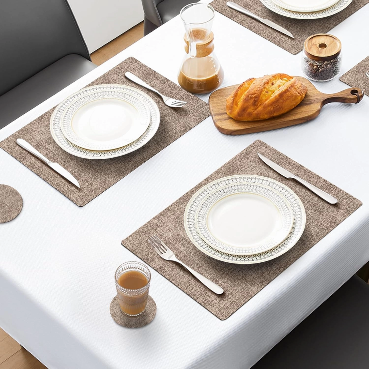 MOSAYT Faux Leather Placemats Set of 6, Heat Resistant Wipeable Washable Vinyl Place Mats with Coasters, Waterproof Oil Proof Table Mats for Kitchen Dining Party Indoor Outdoor, 12" x 18", Khaki