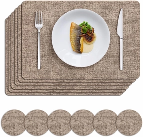 MOSAYT Faux Leather Placemats Set of 6, Heat Resistant Wipeable Washable Vinyl Place Mats with Coasters, Waterproof Oil Proof Table Mats for Kitchen Dining Party Indoor Outdoor, 12" x 18", Khaki