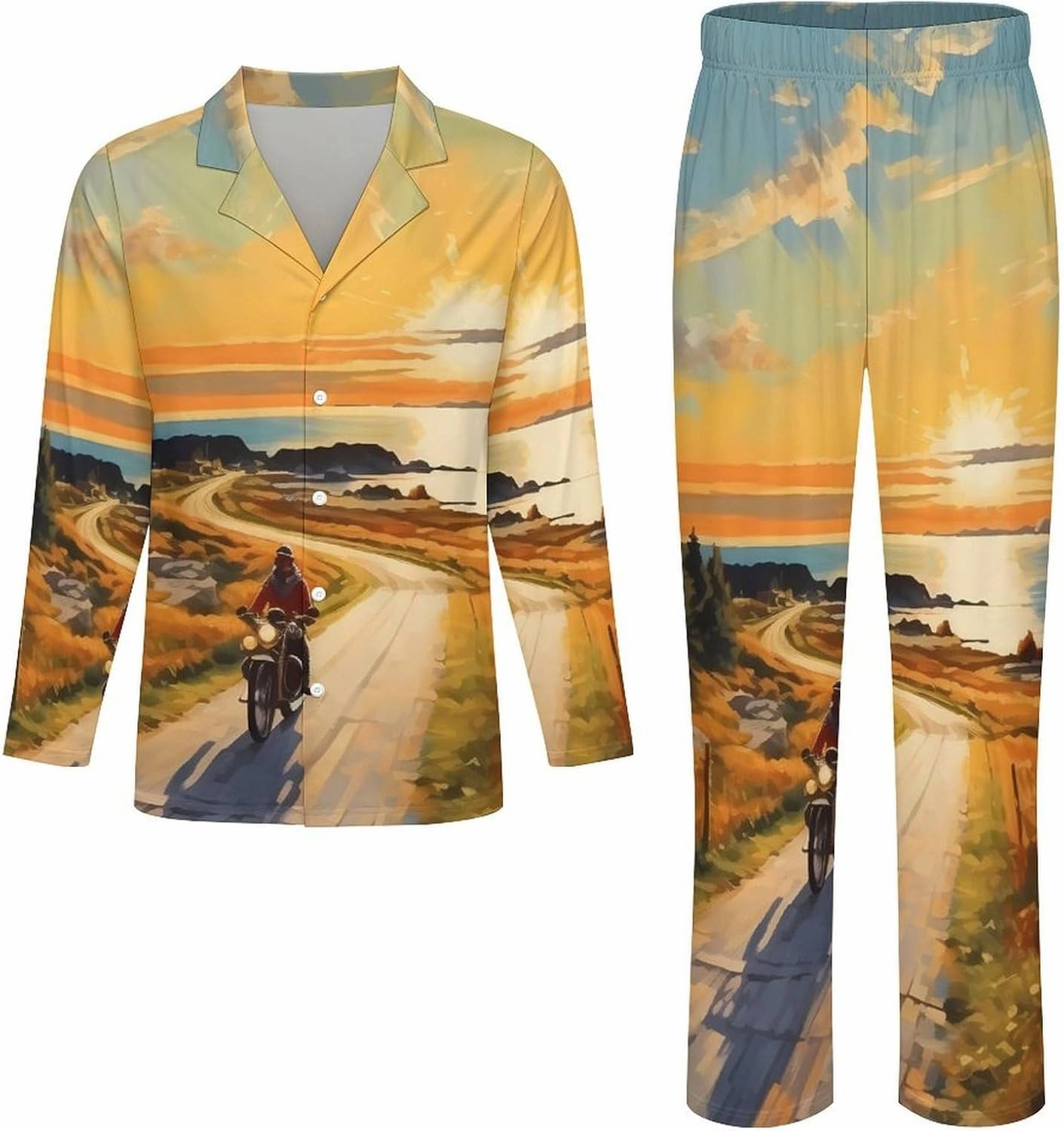 Motorcycle Rider Paintings Mens Pajamas Set Long Sleeve Sleepwear 2 Piece Button Down Lounge Set
