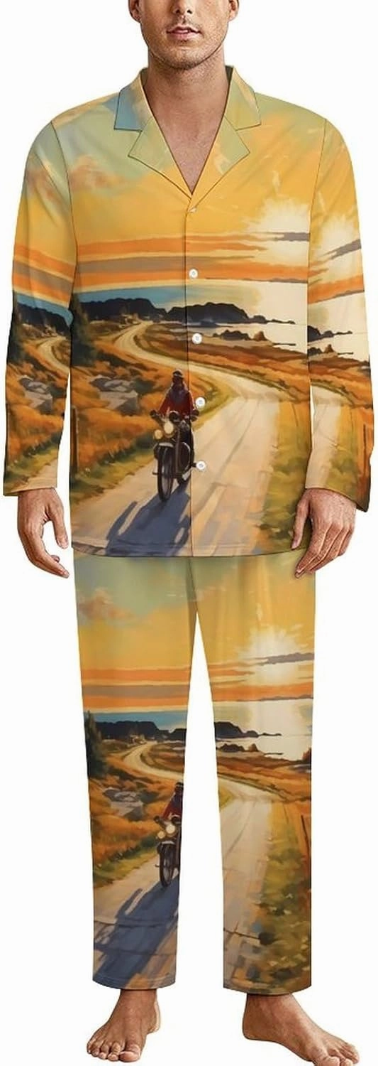 Motorcycle Rider Paintings Mens Pajamas Set Long Sleeve Sleepwear 2 Piece Button Down Lounge Set