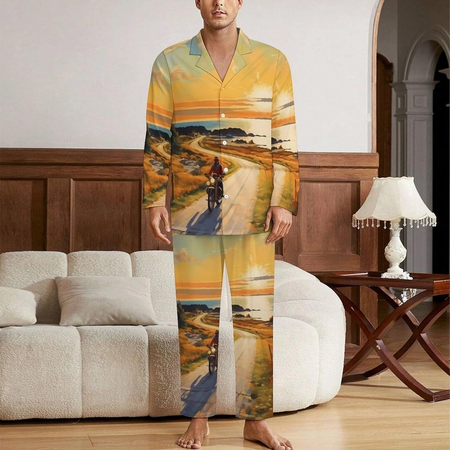 Motorcycle Rider Paintings Mens Pajamas Set Long Sleeve Sleepwear 2 Piece Button Down Lounge Set