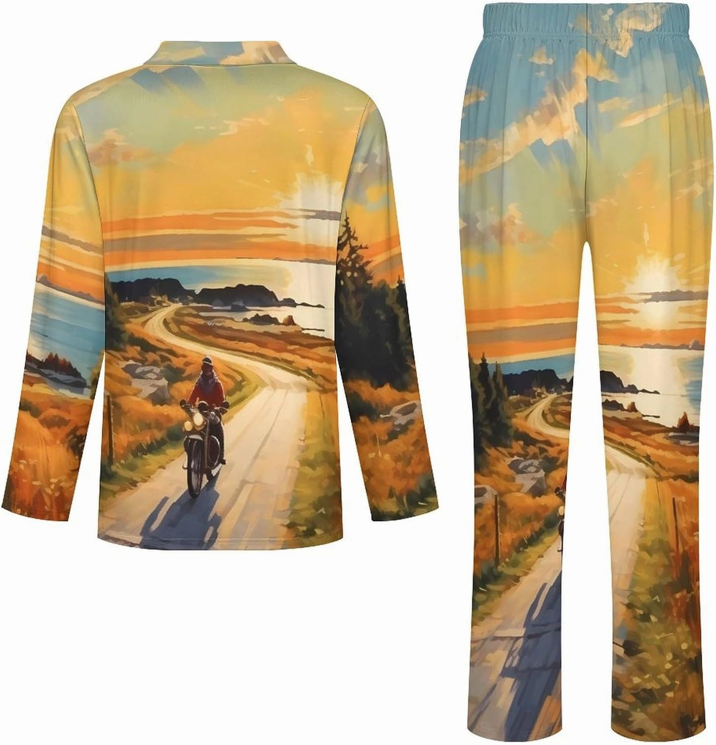 Motorcycle Rider Paintings Mens Pajamas Set Long Sleeve Sleepwear 2 Piece Button Down Lounge Set