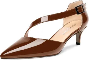 MOVINSTEPS Womens Buckle Dress D'Orsay Wedding Pointed Toe Patent Adjustable Strap Kitten Low Heel Pumps Shoes 2 Inch