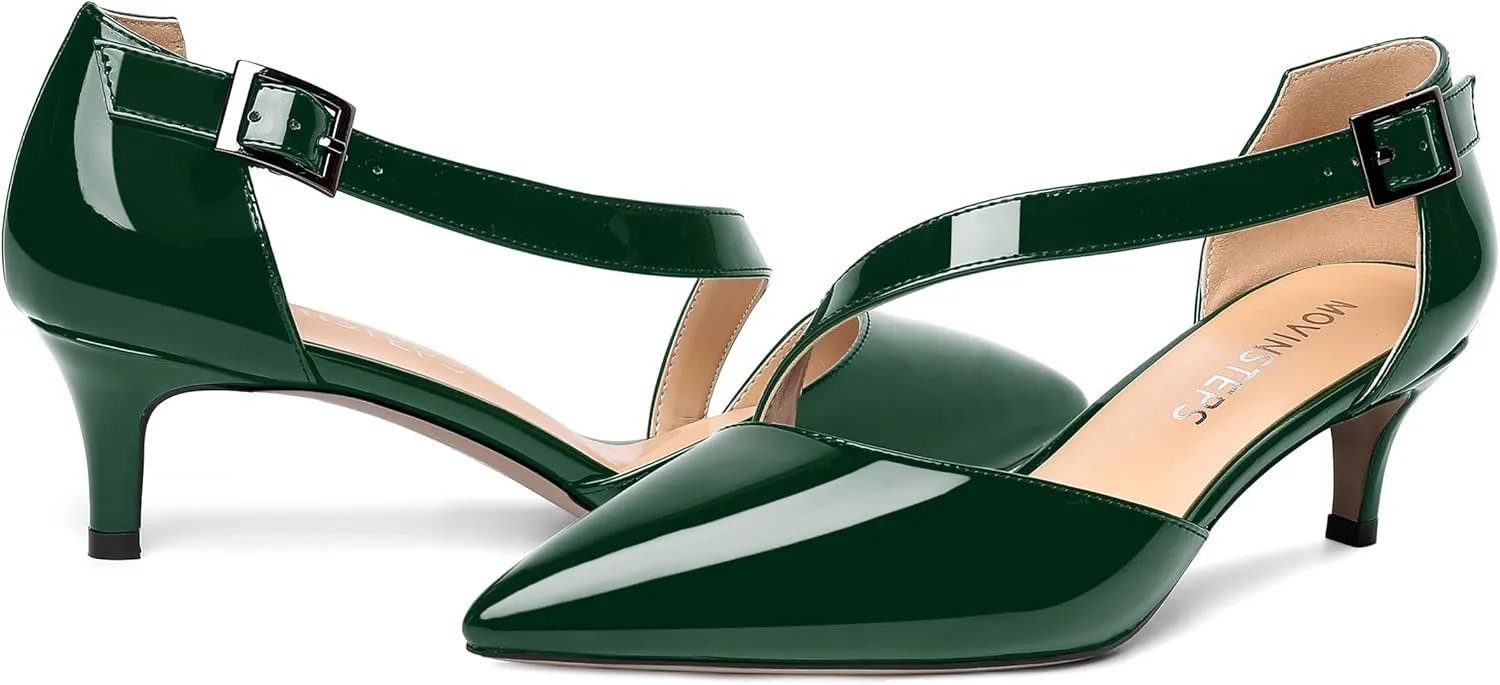 MOVINSTEPS Womens Buckle Dress D'Orsay Wedding Pointed Toe Patent Adjustable Strap Kitten Low Heel Pumps Shoes 2 Inch