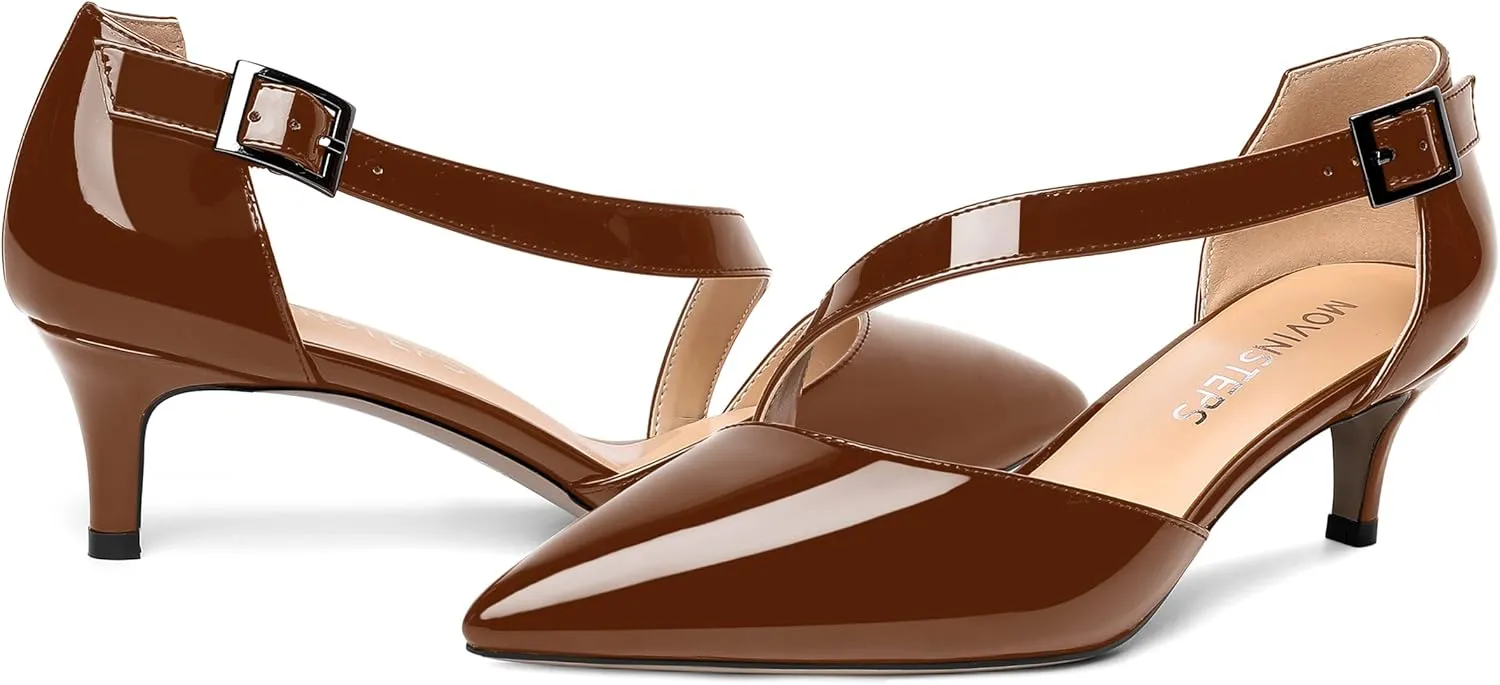 MOVINSTEPS Womens Buckle Dress D'Orsay Wedding Pointed Toe Patent Adjustable Strap Kitten Low Heel Pumps Shoes 2 Inch