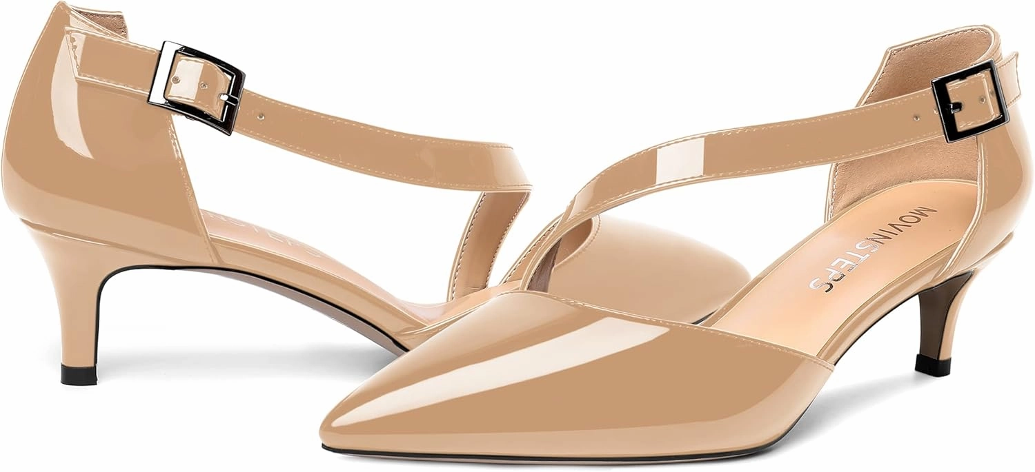 MOVINSTEPS Womens Buckle Dress D'Orsay Wedding Pointed Toe Patent Adjustable Strap Kitten Low Heel Pumps Shoes 2 Inch