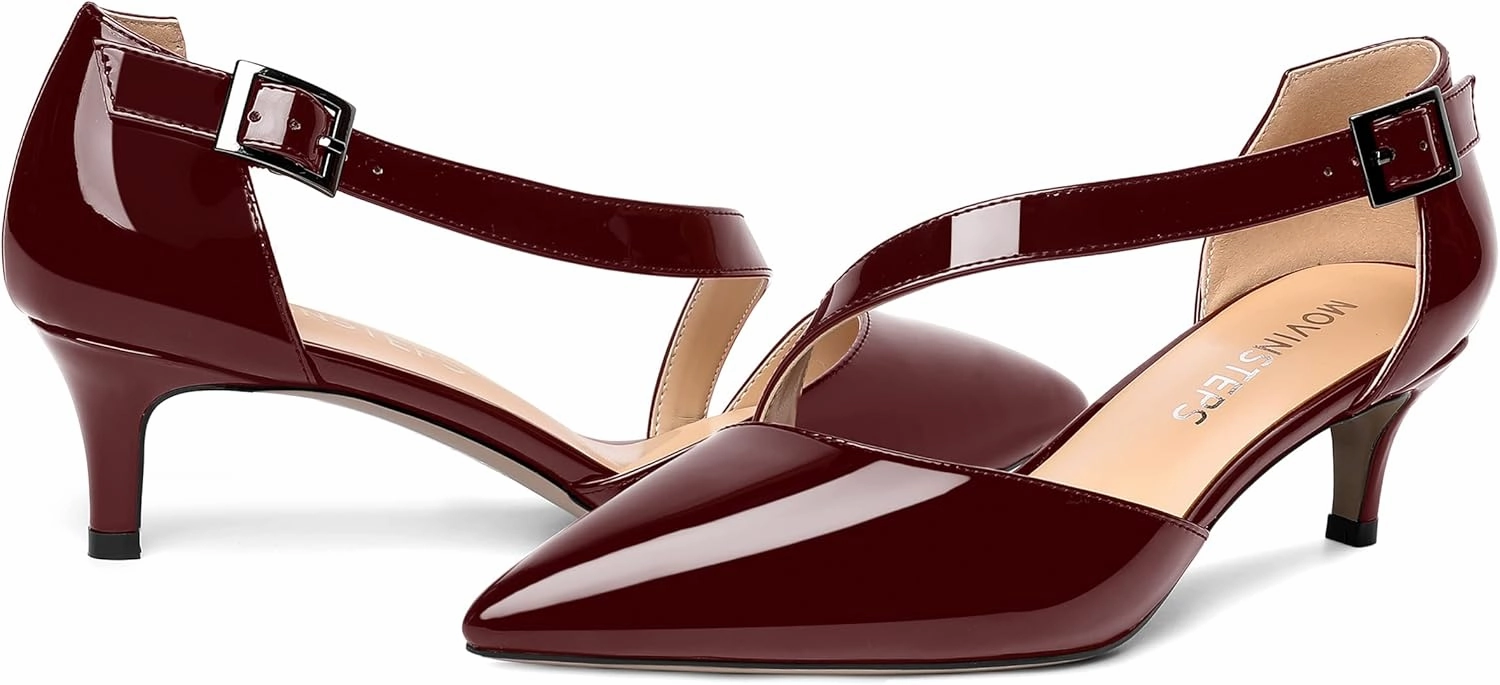 MOVINSTEPS Womens Buckle Dress D'Orsay Wedding Pointed Toe Patent Adjustable Strap Kitten Low Heel Pumps Shoes 2 Inch