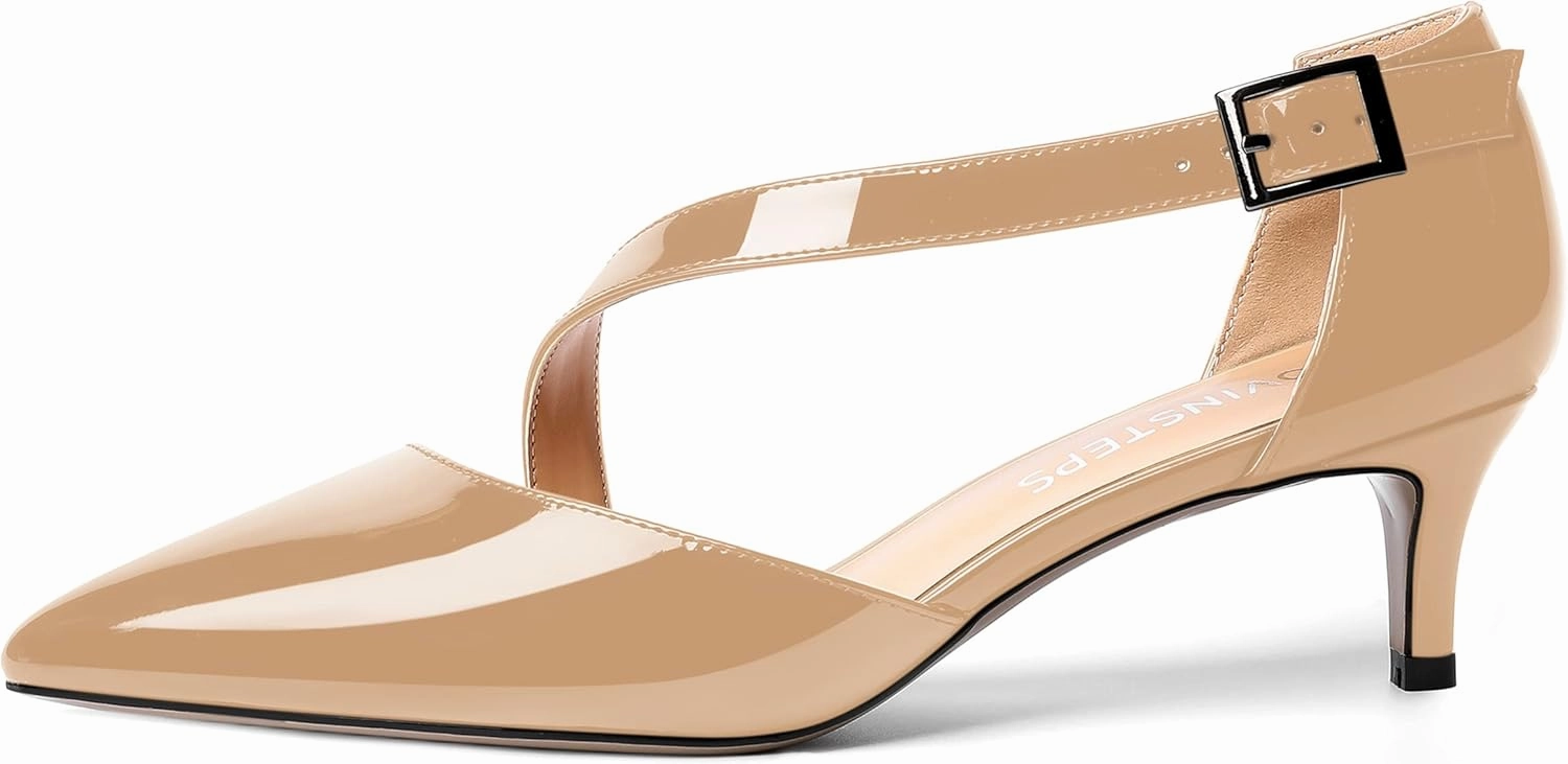 MOVINSTEPS Womens Buckle Dress D'Orsay Wedding Pointed Toe Patent Adjustable Strap Kitten Low Heel Pumps Shoes 2 Inch