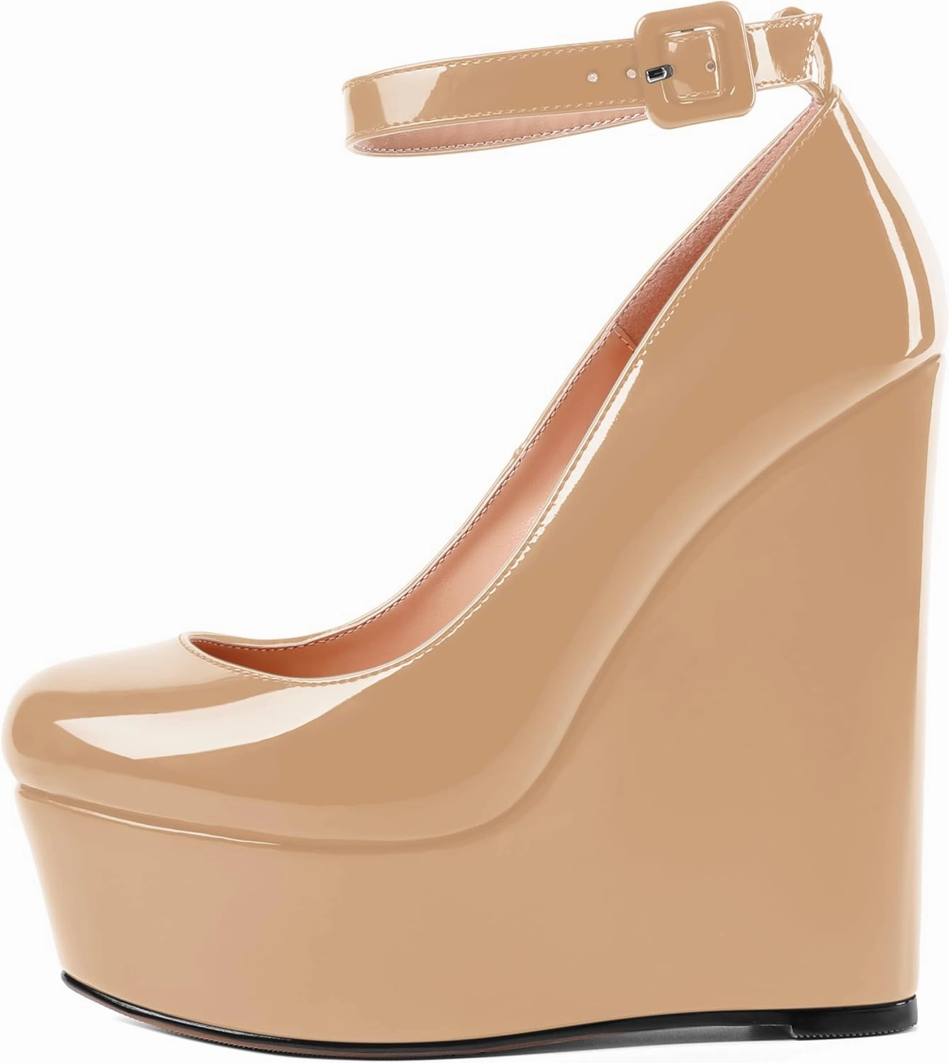 MOVINSTEPS Womens Evening Buckle Round Toe Ankle Strap Dress Platform Patent Wedge High Heel Pumps Shoes 6 Inch