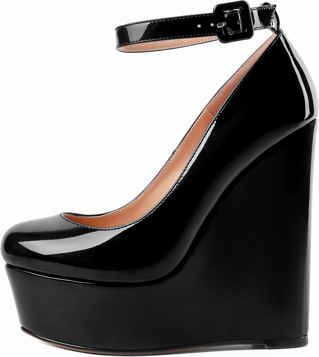 MOVINSTEPS Womens Evening Buckle Round Toe Ankle Strap Dress Platform Patent Wedge High Heel Pumps Shoes 6 Inch