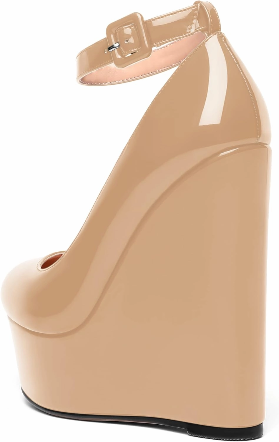 MOVINSTEPS Womens Evening Buckle Round Toe Ankle Strap Dress Platform Patent Wedge High Heel Pumps Shoes 6 Inch