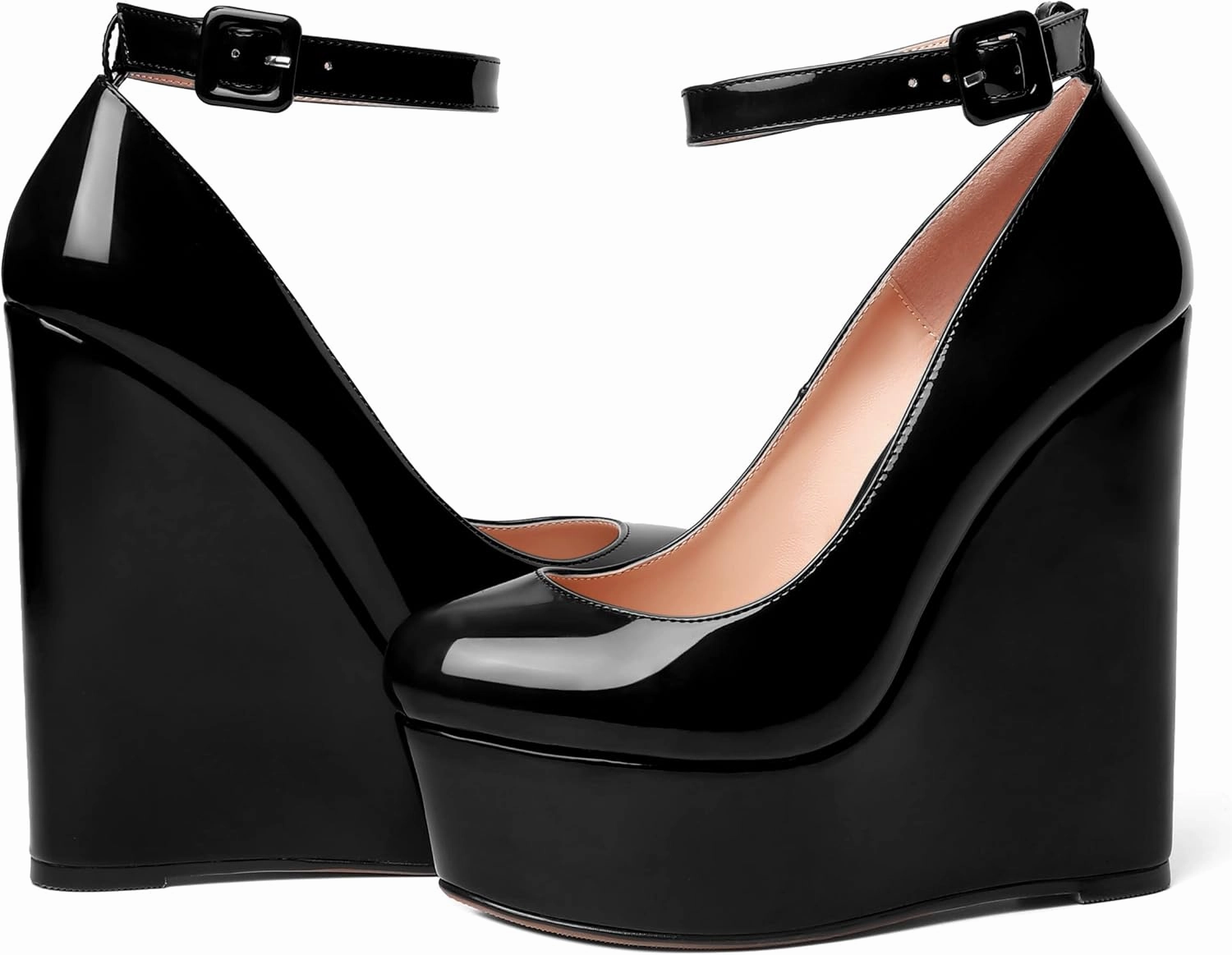 MOVINSTEPS Womens Evening Buckle Round Toe Ankle Strap Dress Platform Patent Wedge High Heel Pumps Shoes 6 Inch