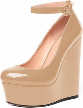 MOVINSTEPS Womens Evening Buckle Round Toe Ankle Strap Dress Platform Patent Wedge High Heel Pumps Shoes 6 Inch