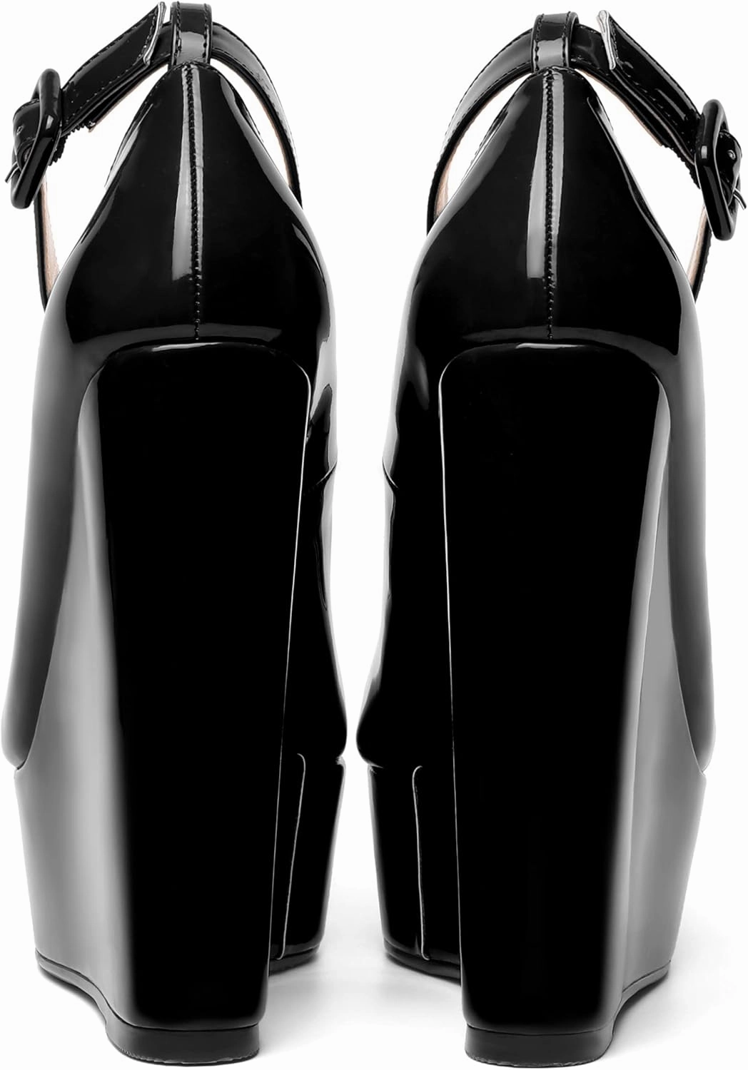MOVINSTEPS Womens Evening Buckle Round Toe Ankle Strap Dress Platform Patent Wedge High Heel Pumps Shoes 6 Inch