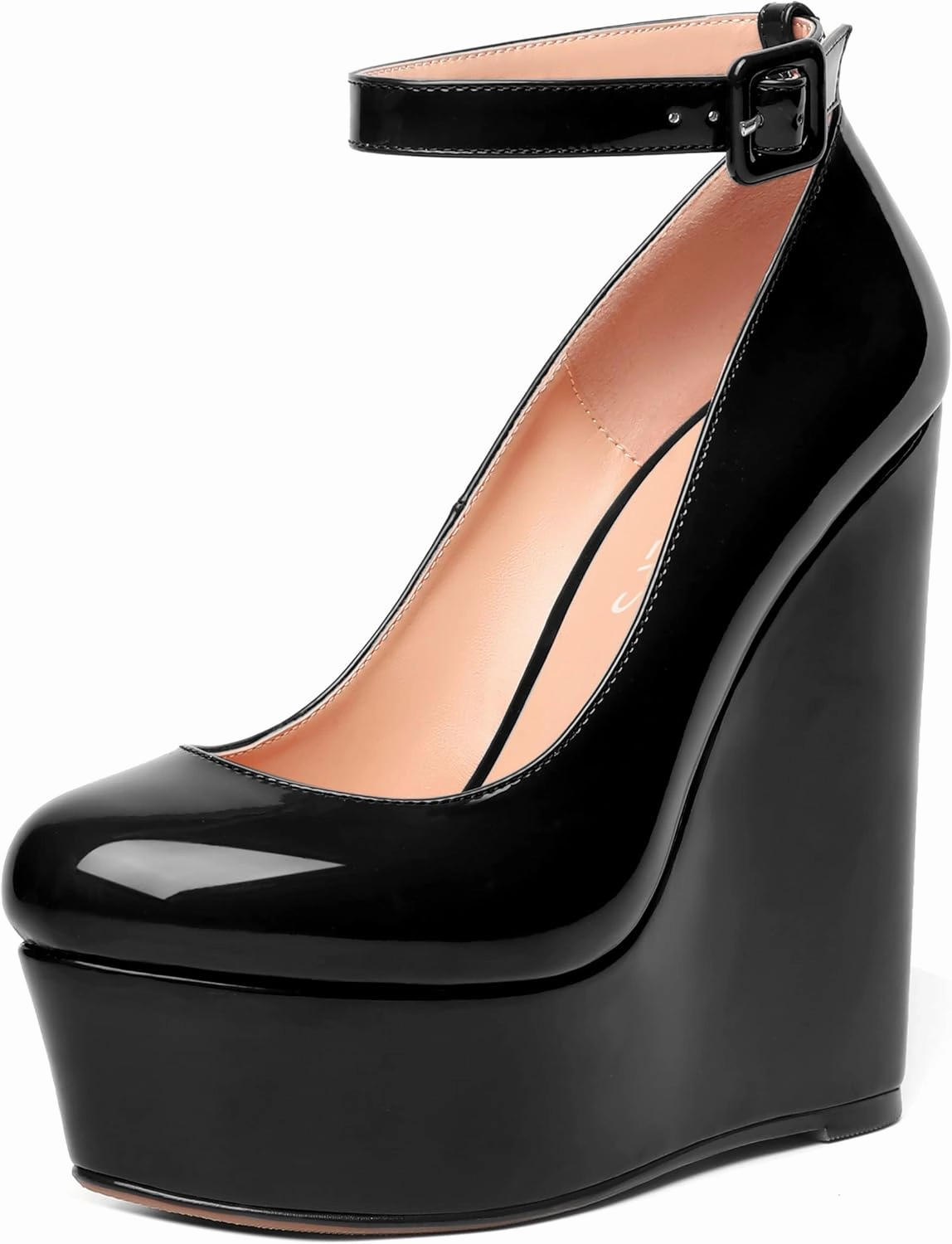 MOVINSTEPS Womens Evening Buckle Round Toe Ankle Strap Dress Platform Patent Wedge High Heel Pumps Shoes 6 Inch