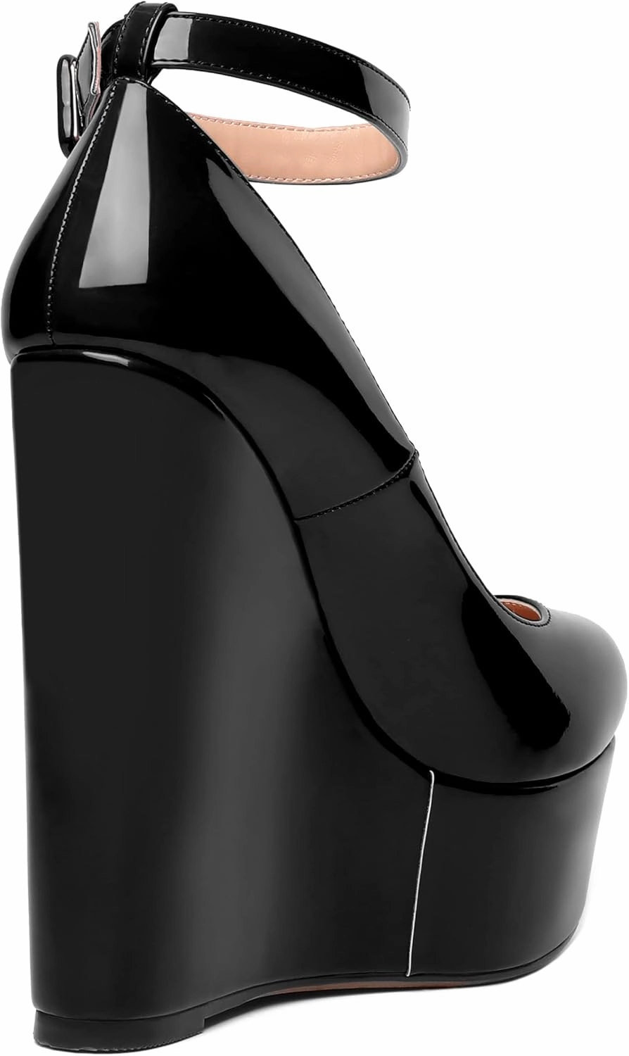 MOVINSTEPS Womens Evening Buckle Round Toe Ankle Strap Dress Platform Patent Wedge High Heel Pumps Shoes 6 Inch