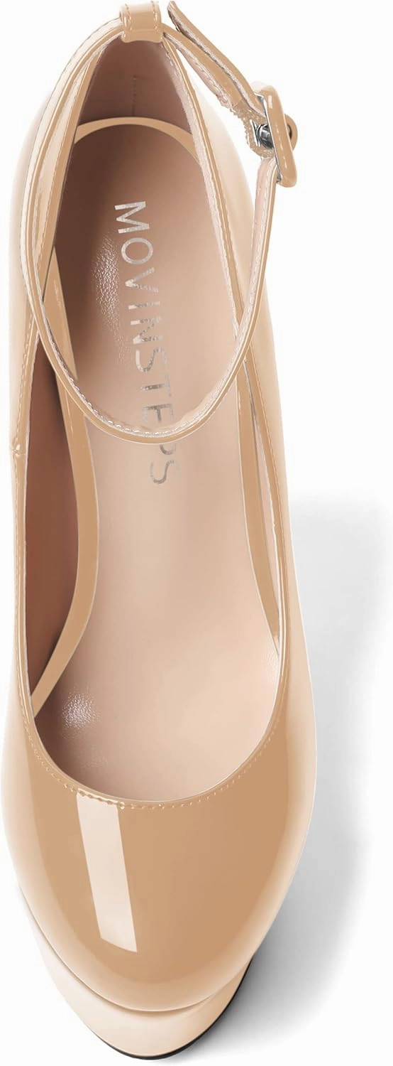 MOVINSTEPS Womens Evening Buckle Round Toe Ankle Strap Dress Platform Patent Wedge High Heel Pumps Shoes 6 Inch