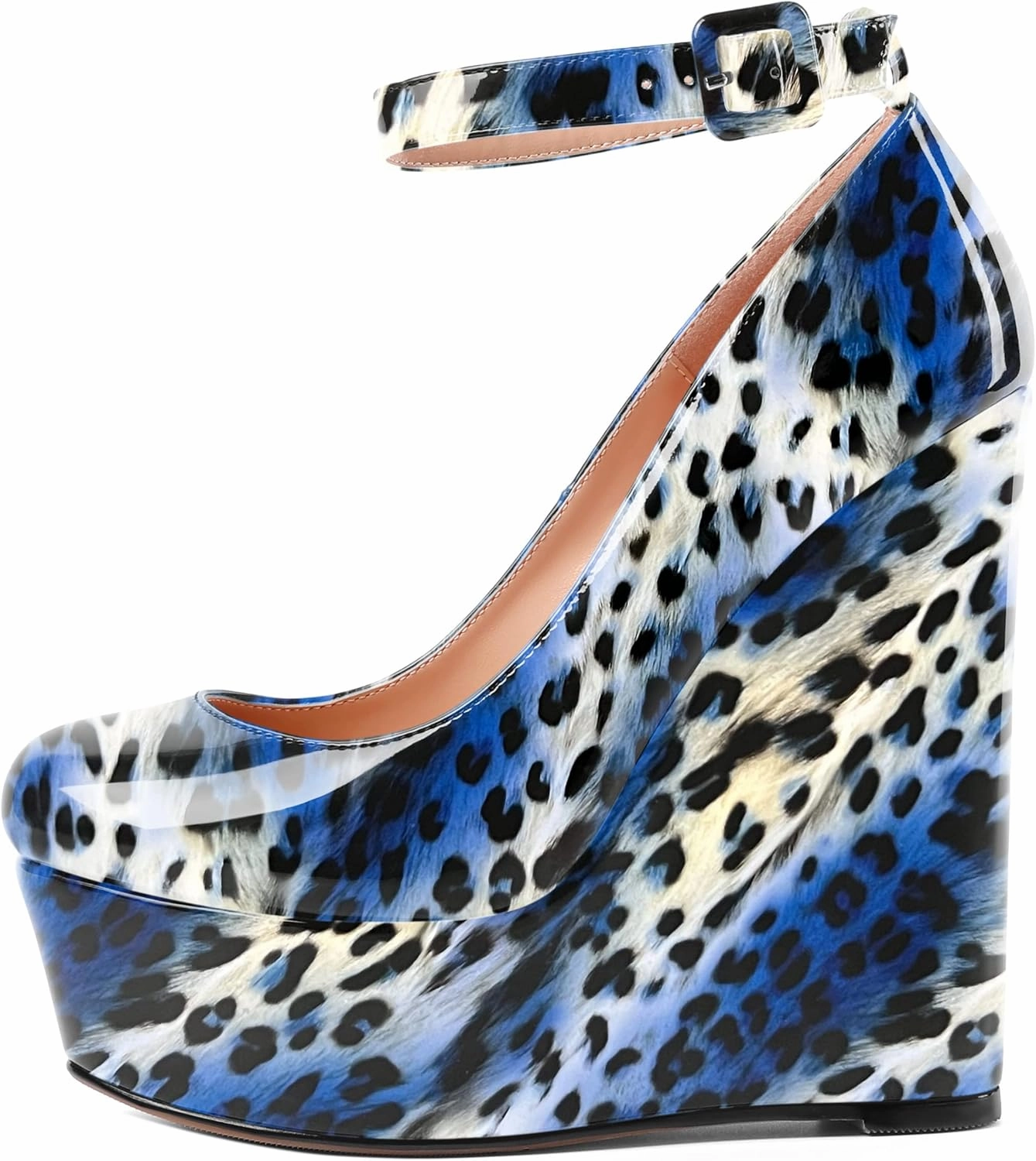 MOVINSTEPS Womens Evening Buckle Round Toe Ankle Strap Dress Platform Patent Wedge High Heel Pumps Shoes 6 Inch
