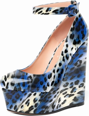 MOVINSTEPS Womens Evening Buckle Round Toe Ankle Strap Dress Platform Patent Wedge High Heel Pumps Shoes 6 Inch