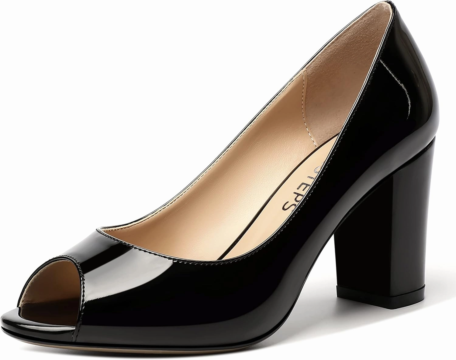 MOVINSTEPS Womens Party Slip On Patent Peep Toe Sexy Block High Heel Pumps Shoes 3.3 Inch