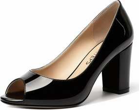 MOVINSTEPS Womens Party Slip On Patent Peep Toe Sexy Block High Heel Pumps Shoes 3.3 Inch