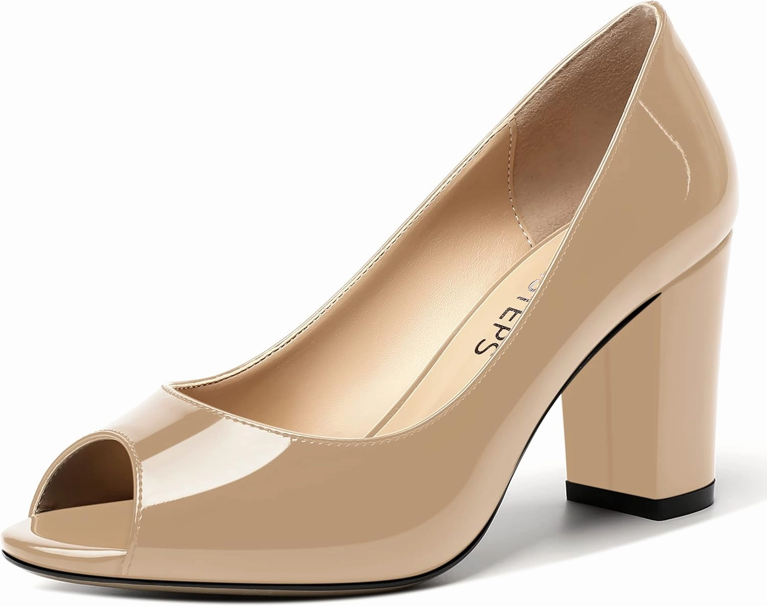 MOVINSTEPS Womens Party Slip On Patent Peep Toe Sexy Block High Heel Pumps Shoes 3.3 Inch