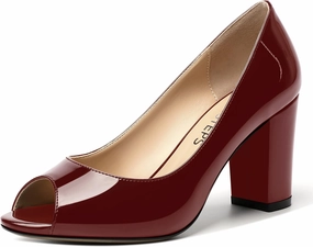 MOVINSTEPS Womens Party Slip On Patent Peep Toe Sexy Block High Heel Pumps Shoes 3.3 Inch