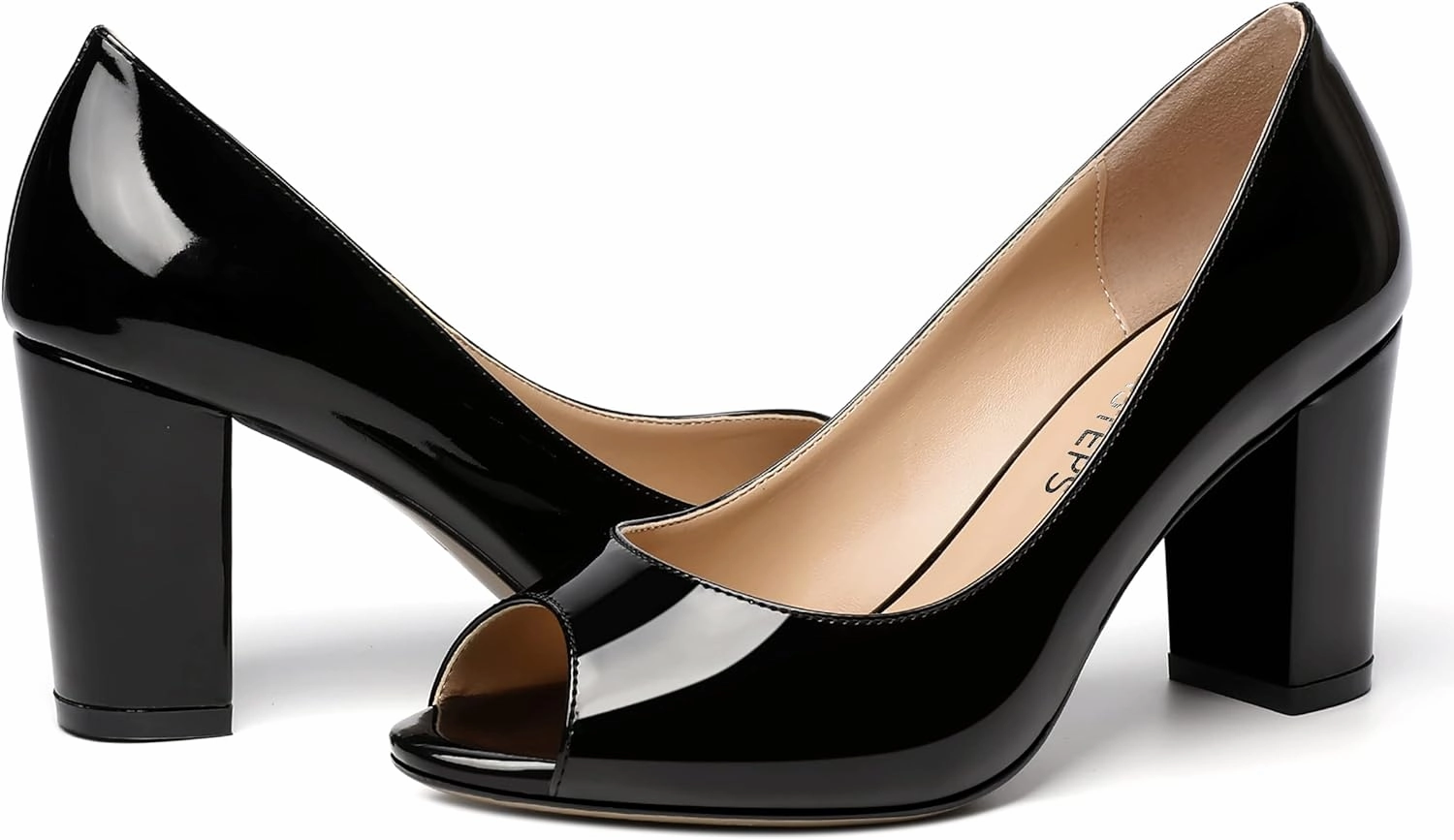 MOVINSTEPS Womens Party Slip On Patent Peep Toe Sexy Block High Heel Pumps Shoes 3.3 Inch