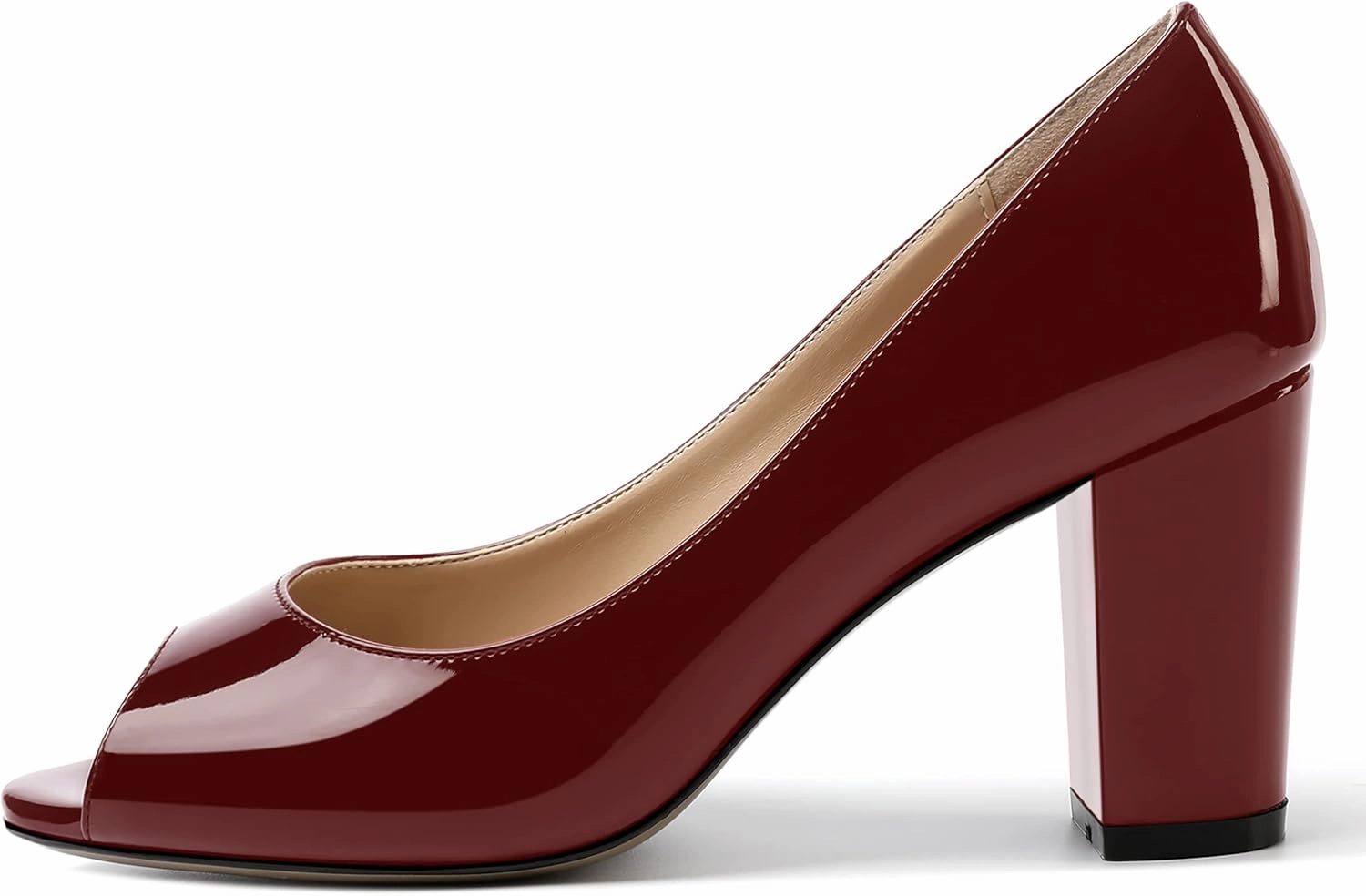 MOVINSTEPS Womens Party Slip On Patent Peep Toe Sexy Block High Heel Pumps Shoes 3.3 Inch