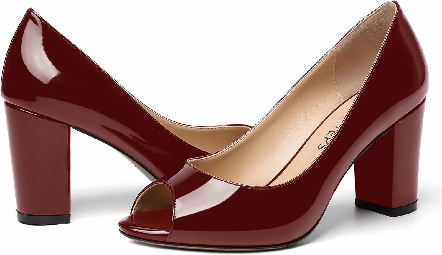 MOVINSTEPS Womens Party Slip On Patent Peep Toe Sexy Block High Heel Pumps Shoes 3.3 Inch