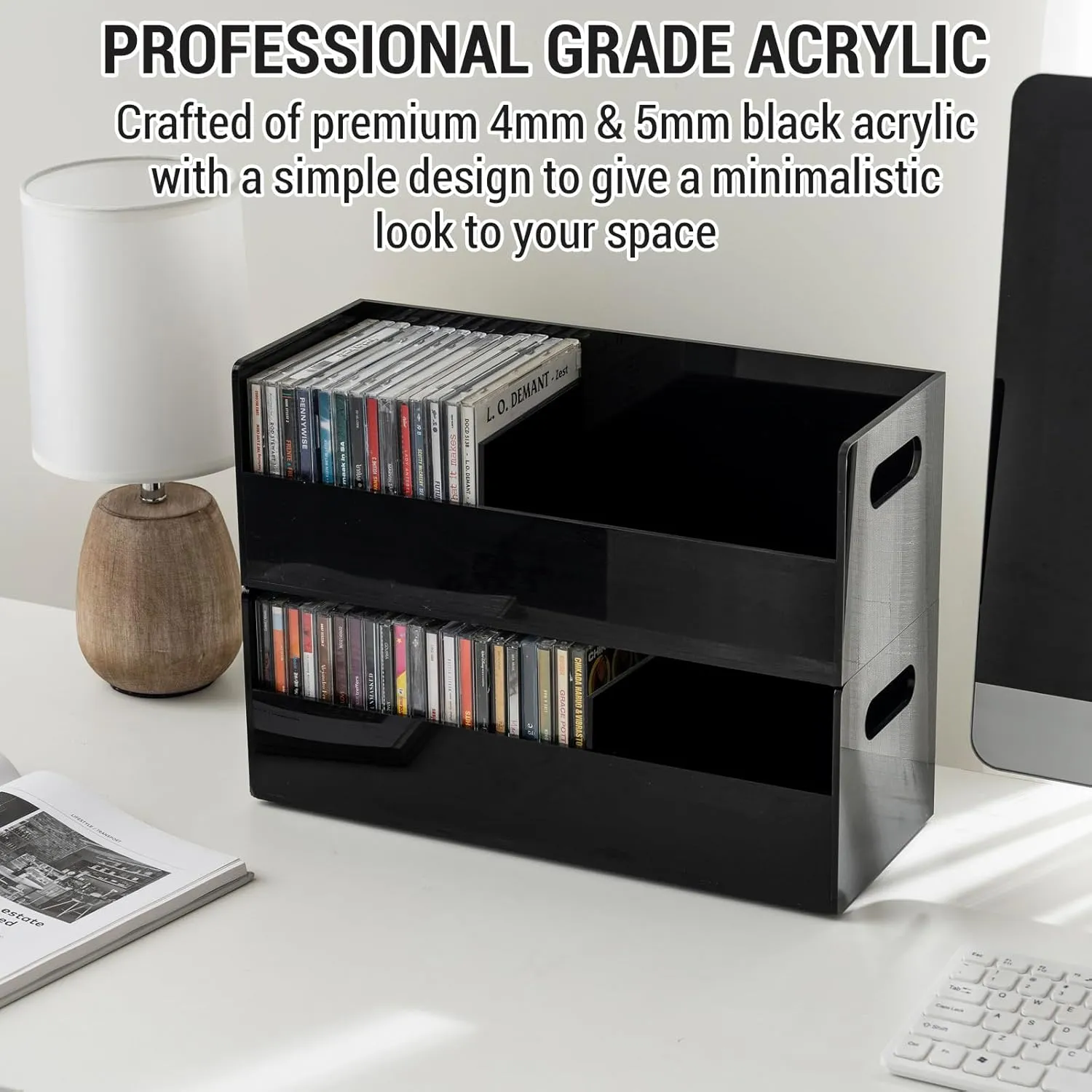 MyGift Modern Premium Black Acrylic Stackable CD Holder Racks with Cutout Carrying Handles, Compact Disc Jewel Case Display Crates, Media Storage Organizers, Set of 2