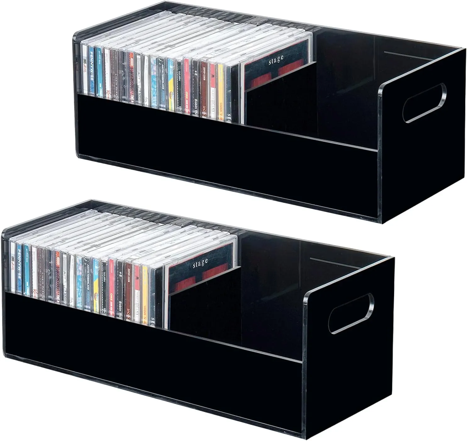 MyGift Modern Premium Black Acrylic Stackable CD Holder Racks with Cutout Carrying Handles, Compact Disc Jewel Case Display Crates, Media Storage Organizers, Set of 2