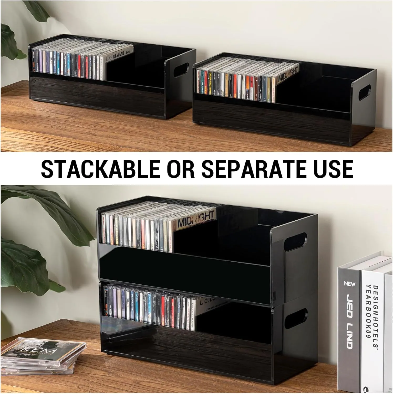 MyGift Modern Premium Black Acrylic Stackable CD Holder Racks with Cutout Carrying Handles, Compact Disc Jewel Case Display Crates, Media Storage Organizers, Set of 2