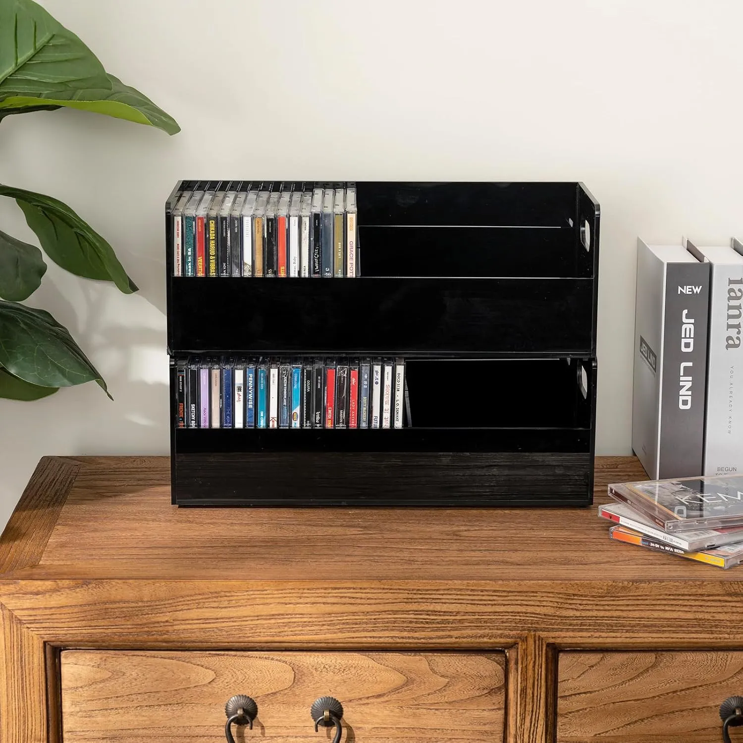 MyGift Modern Premium Black Acrylic Stackable CD Holder Racks with Cutout Carrying Handles, Compact Disc Jewel Case Display Crates, Media Storage Organizers, Set of 2