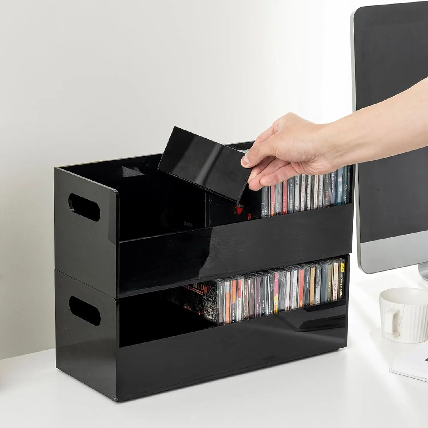 MyGift Modern Premium Black Acrylic Stackable CD Holder Racks with Cutout Carrying Handles, Compact Disc Jewel Case Display Crates, Media Storage Organizers, Set of 2