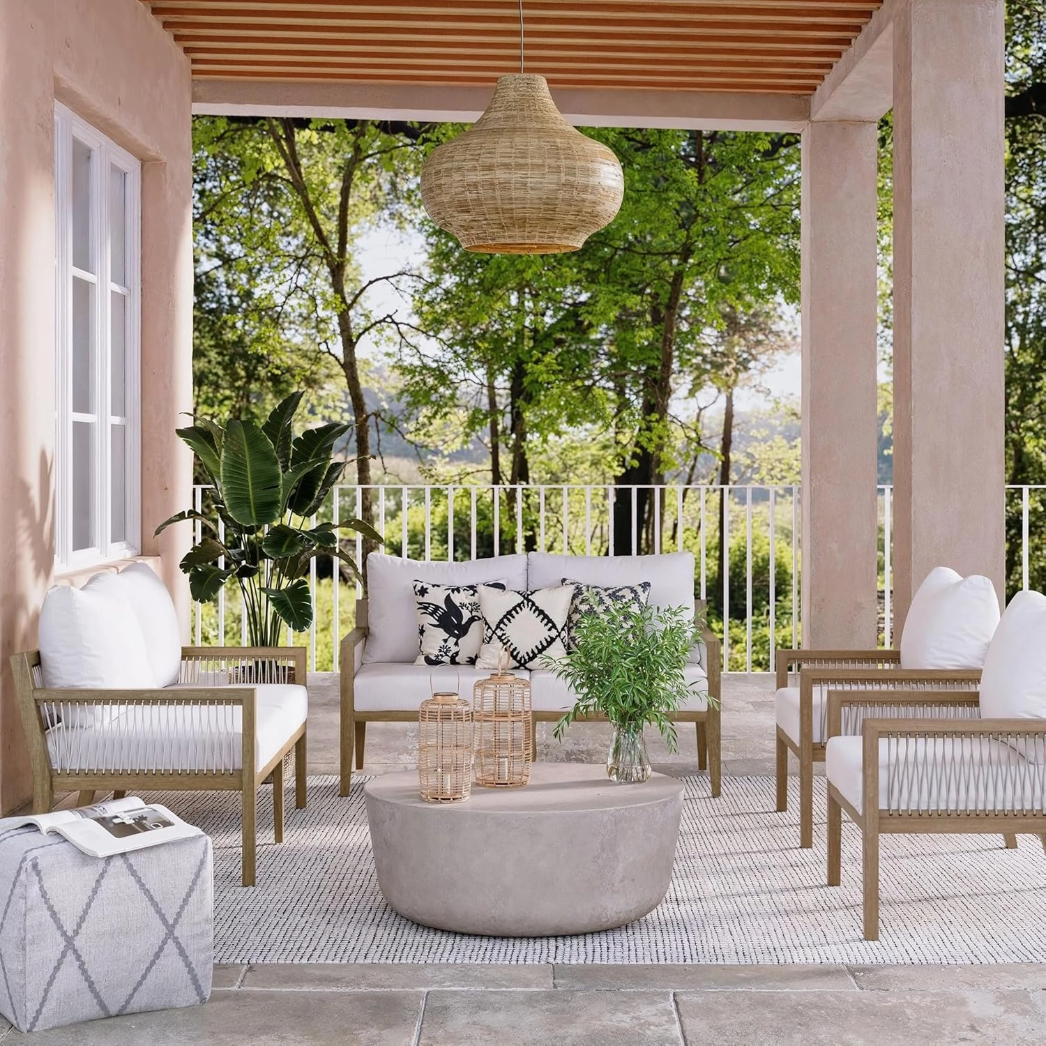 Nathan James Freya Bohemian Wooden Armchair, Outdoor Patio Chair, Solid Acacia Wood Frame, White/Light Brown