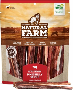 Natural Farm Bully Sticks (6 Inch, 30 Pack), Thin Pizzle Pixie Beef Treats, Grain-Free, High Protein, Best Rawhide Alternative for Small, Puppies or Senior Dogs