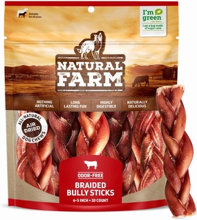 Natural Farm Odor-Free Braided Bully Sticks (4-5 Inch, 10 Pack) - 100% Grass-Fed Beef, Grain-Free, Low Fat & Fully Digestible Best Dental Treats, Safest Long Lasting Pizzle Chews to Keep Your Dog Busy