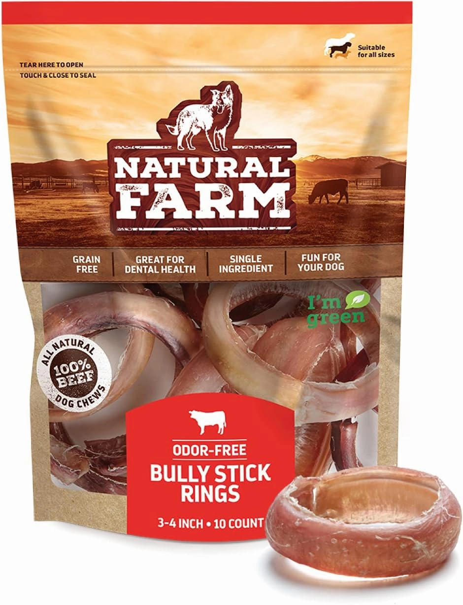 Natural Farm Odor Free Bully Sticks Ring Shaped (3-4 Inch, 10 Pack) - 100% Beef Chews for More Engagement & Fun, Grass-Fed, Non-GMO, Fully Digestible - Best for Small & Medium Chewers
