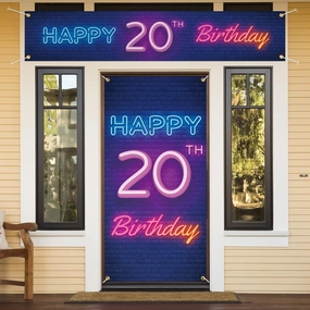 Neon Happy 20th Birthday Door Cover Porch Banner and Large Yard Sign Set Decor Colorful - Glow Neon Theme 20 Years Old Birthday Party Decoraions for Boys Girls Supplies