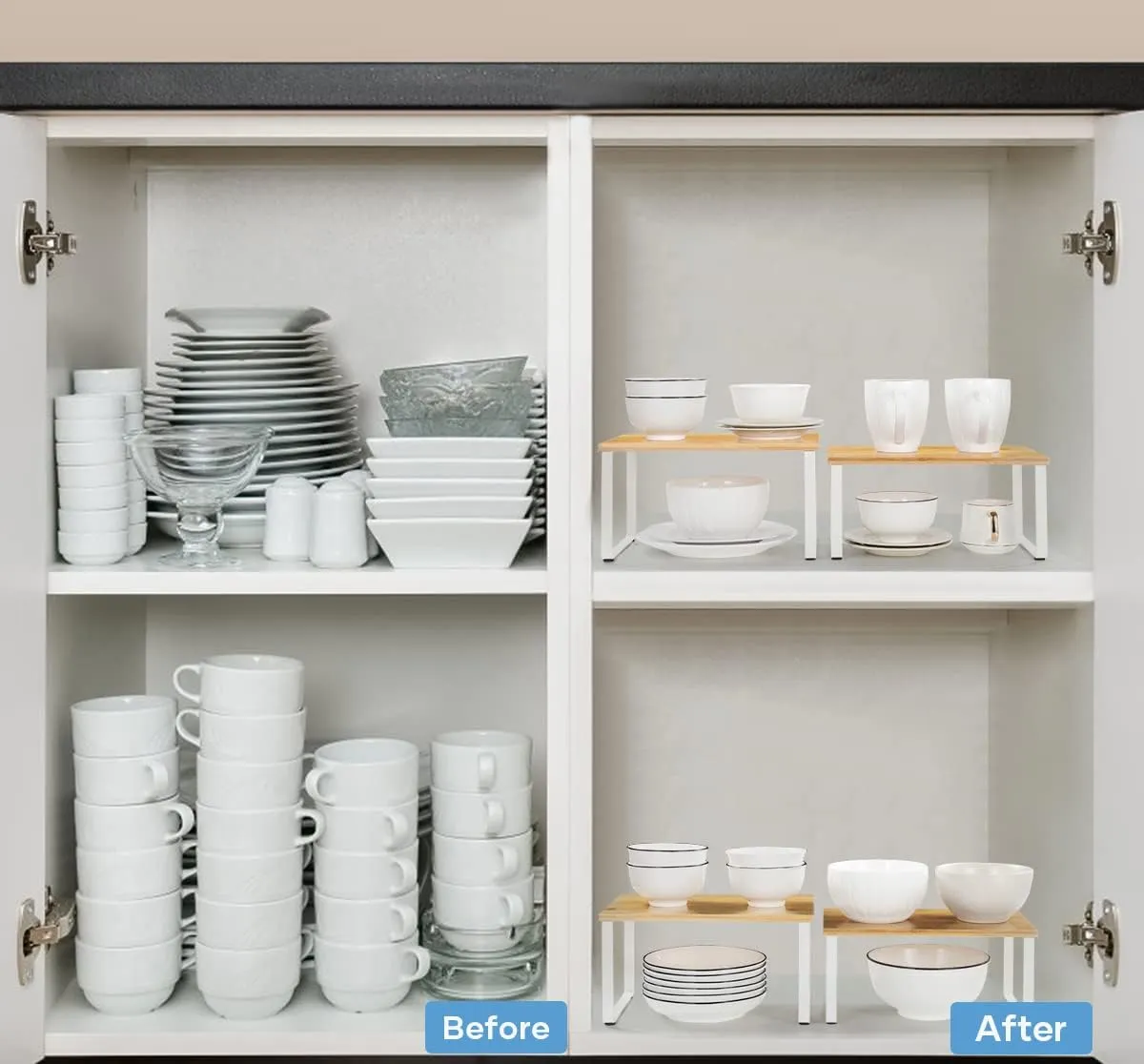 NEX Kitchen Cabinet and Counter Shelf Organizer, Stackable & Expandable, White and Natural