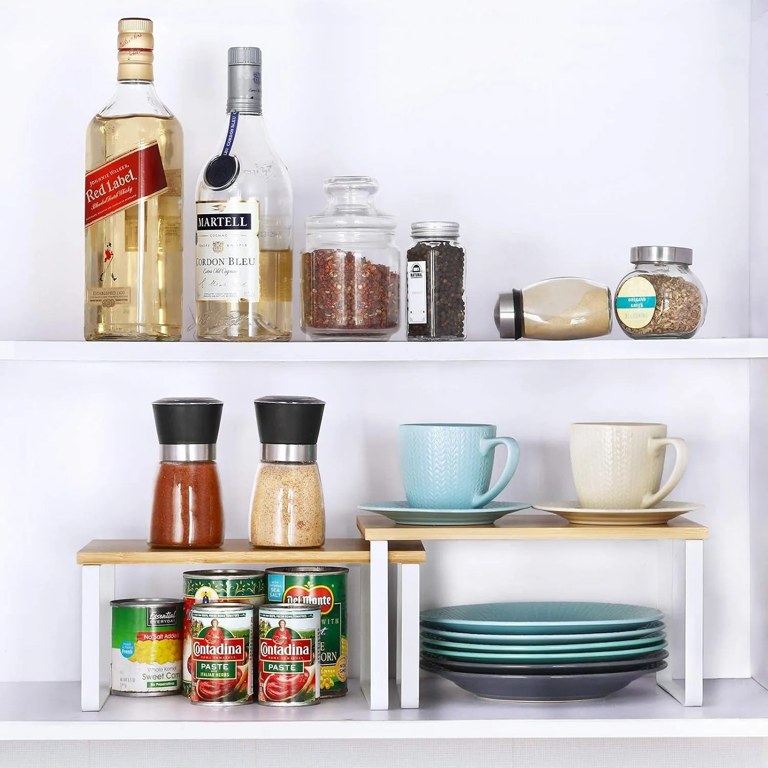 NEX Kitchen Cabinet and Counter Shelf Organizer, Stackable & Expandable, White and Natural