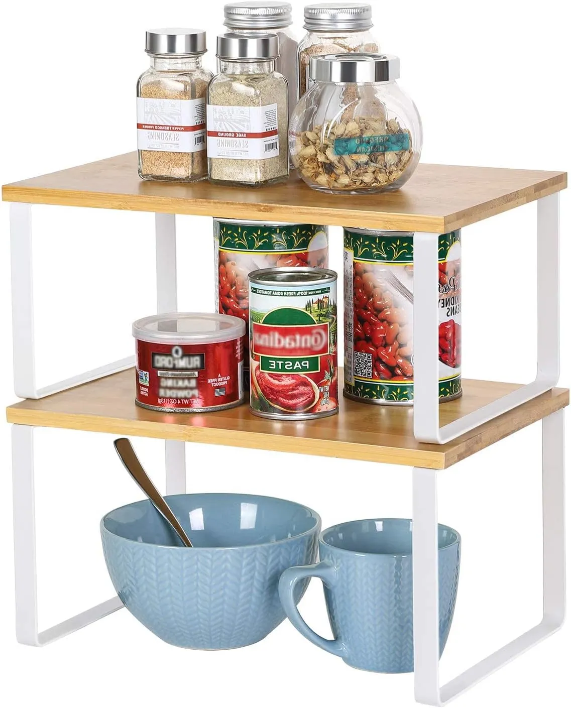 NEX Kitchen Cabinet and Counter Shelf Organizer, Stackable & Expandable, White and Natural