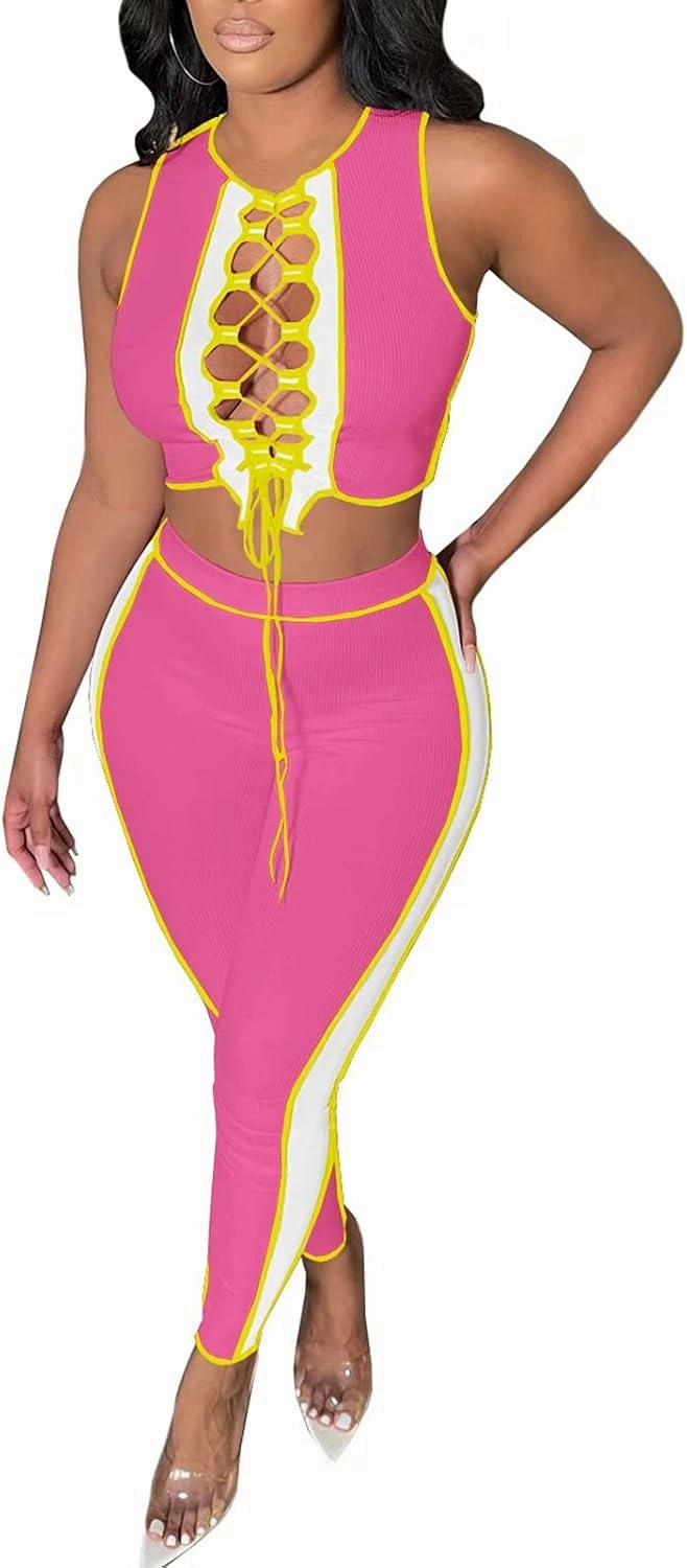 Neyaolk Women Lace Up Sweatsuit Outfits - Sexy Tank Crop Top Bodycon Color Block Ribbed Pants Suit Workout Set Clubwear